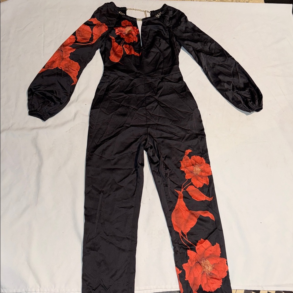 New Guess Marciano Silky Balloon Sleeves Black Floral Jumpsuit 6 M 42